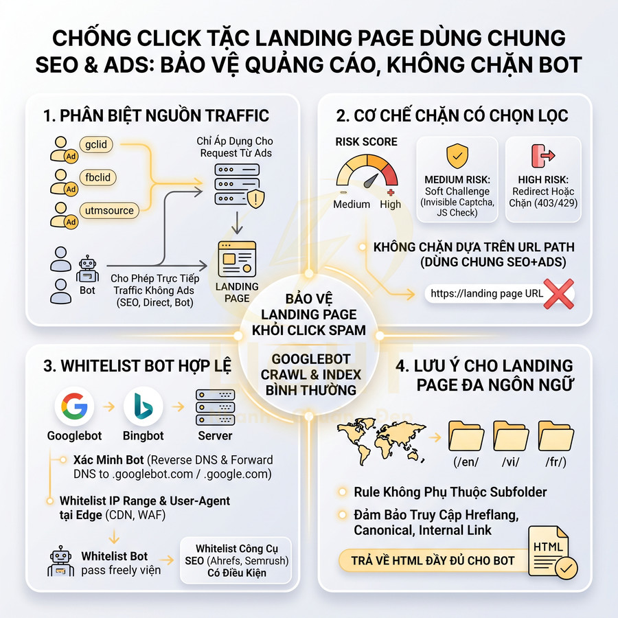 Infographic hướng dẫn chống click tặc bảo vệ landing page SEO và quảng cáo, whitelist bot và chặn click spam