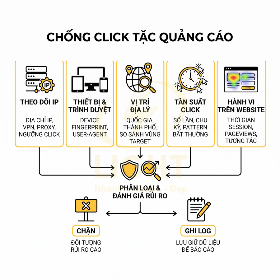 Quy trình chống click tặc quảng cáo với theo dõi IP, thiết bị, vị trí, tần suất click và hành vi trên website