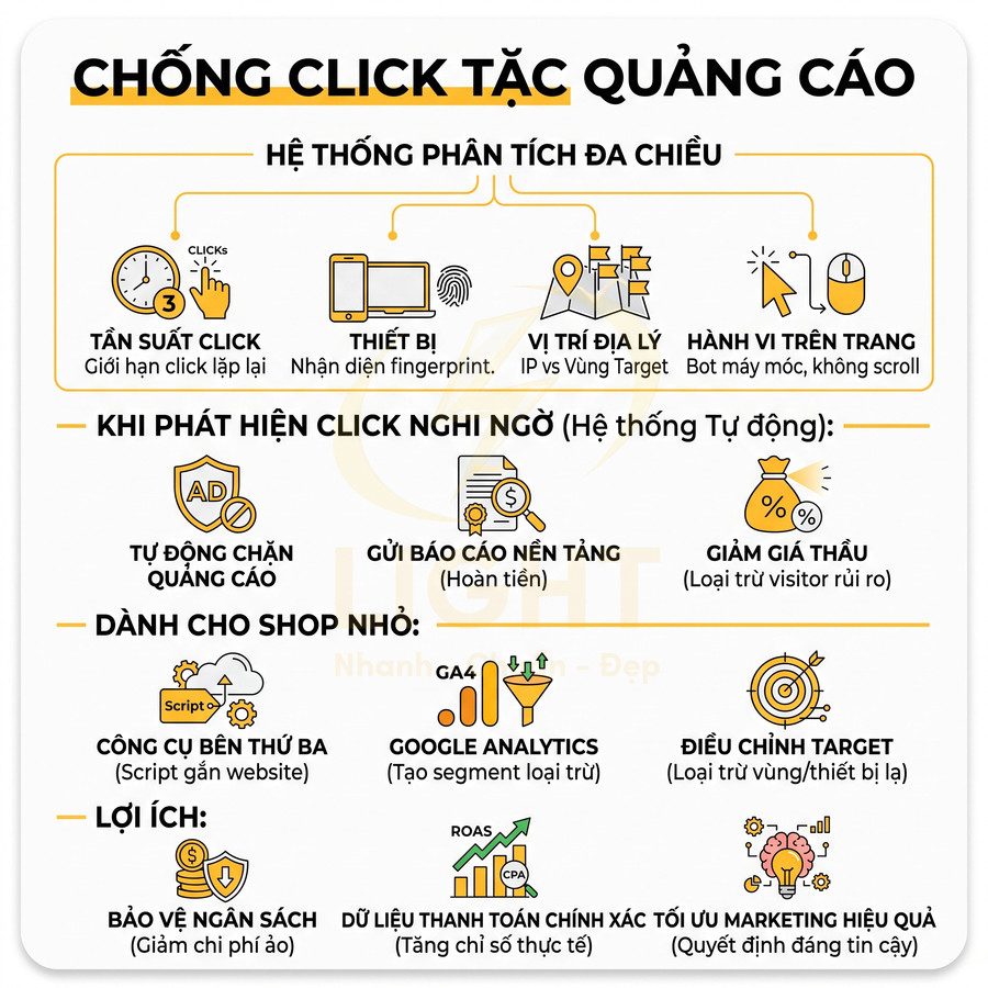 Infographic giải pháp chống click tặc quảng cáo với hệ thống phân tích đa chiều và lợi ích cho shop nhỏ