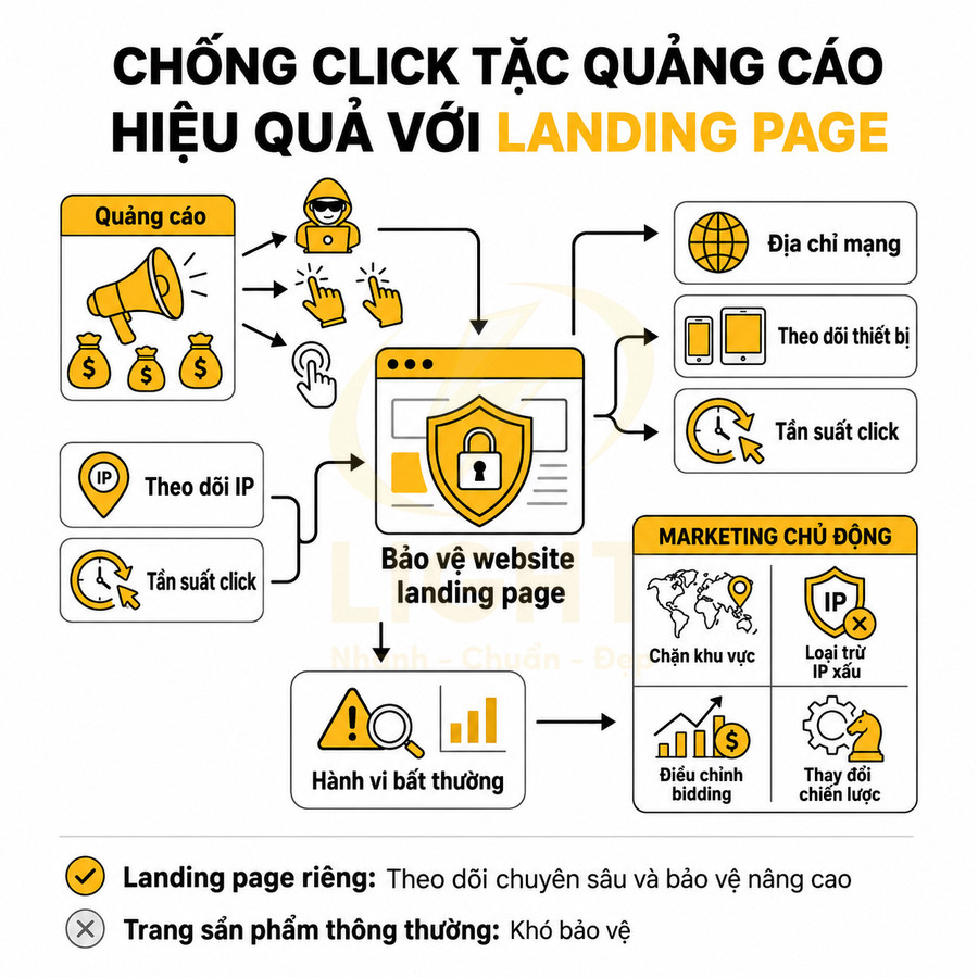 Infographic chống click tặc quảng cáo bằng landing page với theo dõi IP, tần suất click và bảo vệ website