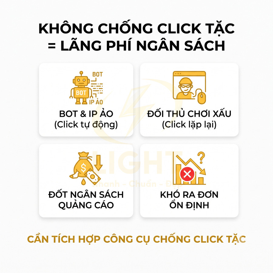 Banner cảnh báo lãng phí ngân sách quảng cáo nếu không dùng công cụ chống click tặc online