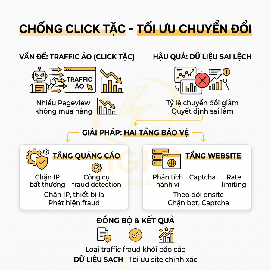 Infographic giải pháp chống click tặc, chặn traffic ảo, tối ưu chuyển đổi và làm sạch dữ liệu quảng cáo