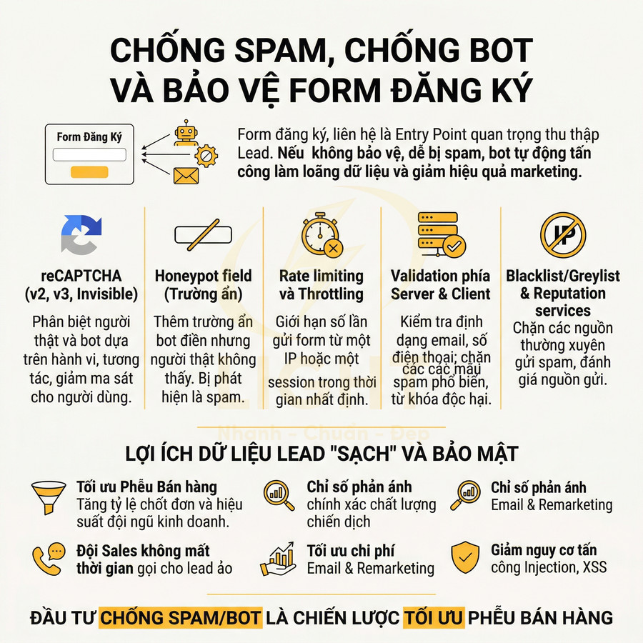 Infographic chống spam bot và bảo vệ form đăng ký, giới thiệu các kỹ thuật bảo mật và lợi ích dữ liệu lead sạch