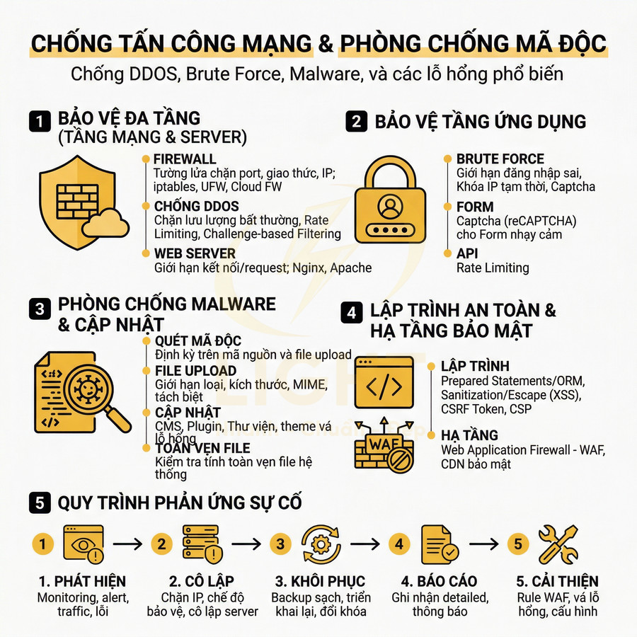 Infographic hướng dẫn bảo mật mạng, chống tấn công DDOS, brute force, malware và quy trình phản ứng sự cố