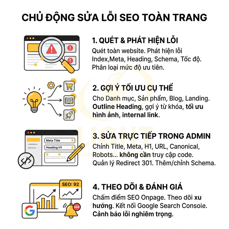 Infographic quy trình chủ động sửa lỗi SEO toàn trang với 4 bước tối ưu và theo dõi hiệu quả SEO website