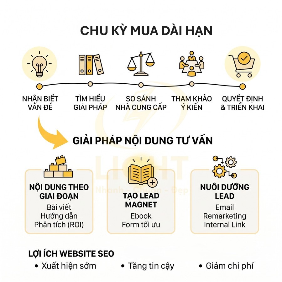 Chu kỳ mua dài hạn và giải pháp nội dung tư vấn cho SEO website, tạo lead magnet và nuôi dưỡng khách hàng tiềm năng