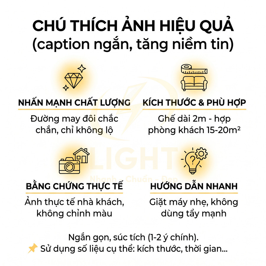 Hướng dẫn viết chú thích ảnh hiệu quả với các gợi ý nhấn mạnh chất lượng, kích thước, bằng chứng thực tế và hướng dẫn nhanh