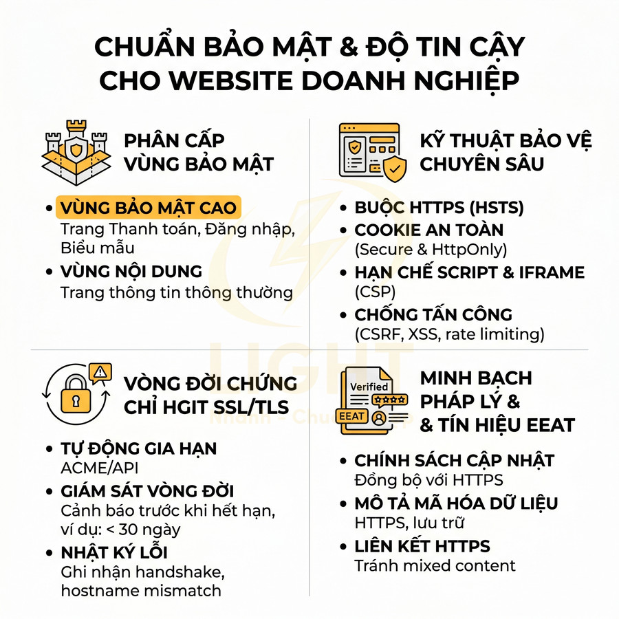 Infographic chuẩn bảo mật và độ tin cậy cho website doanh nghiệp với các giải pháp HTTPS, SSL TLS và chống tấn công