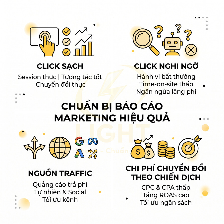 Infographic chuẩn bị báo cáo marketing hiệu quả với click sạch, click nghi ngờ, nguồn traffic và chi phí chuyển đổi
