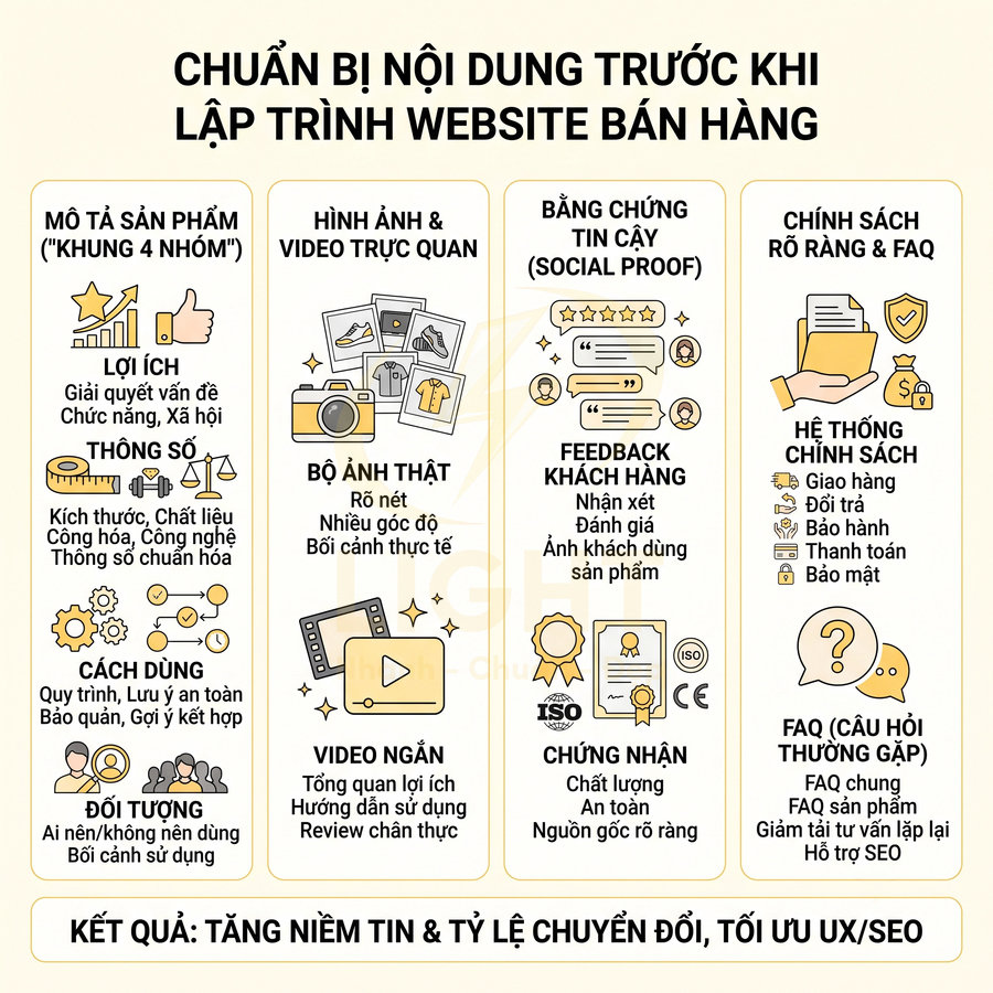 Checklist nội dung cần chuẩn bị trước khi lập trình website bán hàng để tăng niềm tin và tỷ lệ chuyển đổi