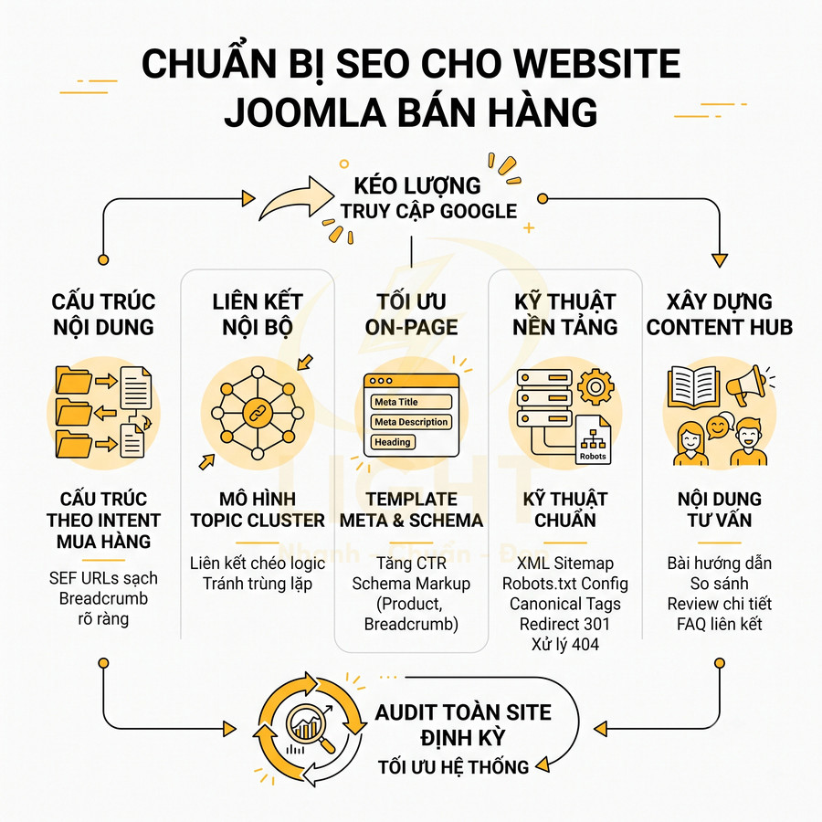 Checklist chuẩn bị SEO cho website Joomla bán hàng với cấu trúc nội dung, onpage, kỹ thuật và content hub
