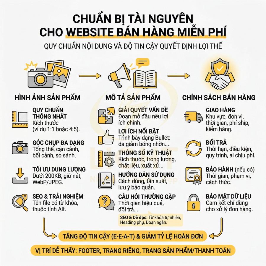 Infographic hướng dẫn chuẩn bị hình ảnh, mô tả sản phẩm và chính sách bán hàng cho website bán hàng miễn phí
