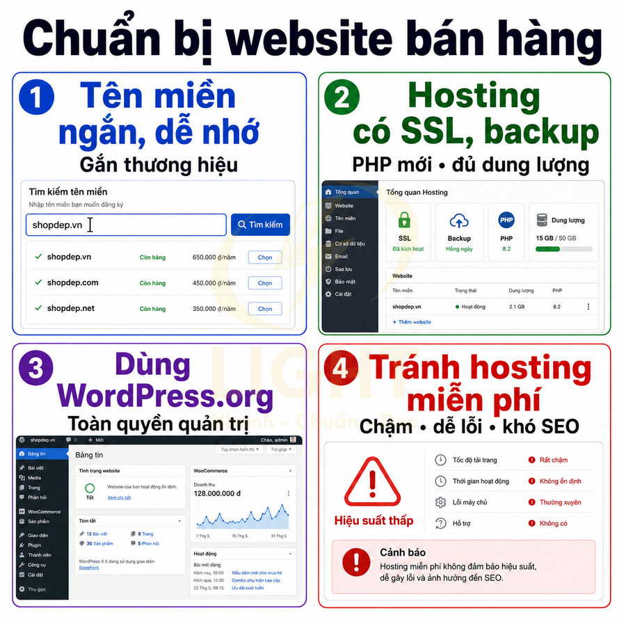 Hướng dẫn chuẩn bị website bán hàng với tên miền ngắn, hosting có SSL, dùng WordPress.org và tránh hosting miễn phí
