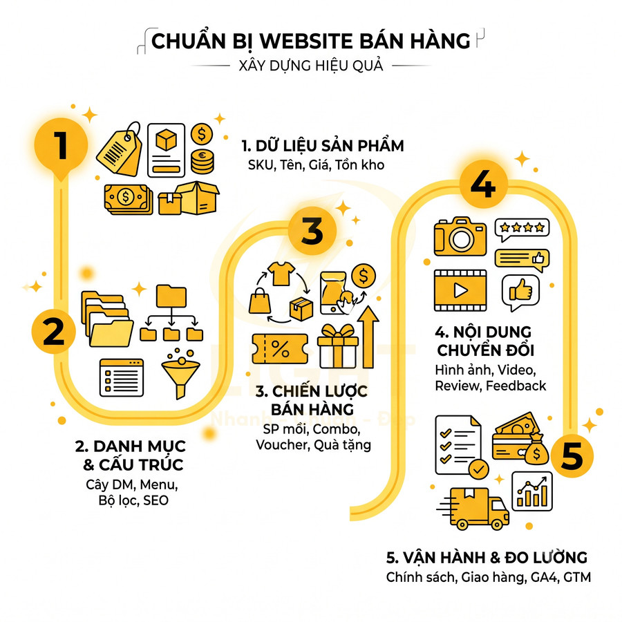 Quy trình 5 bước chuẩn bị website bán hàng hiệu quả với dữ liệu sản phẩm, chiến lược, nội dung và vận hành