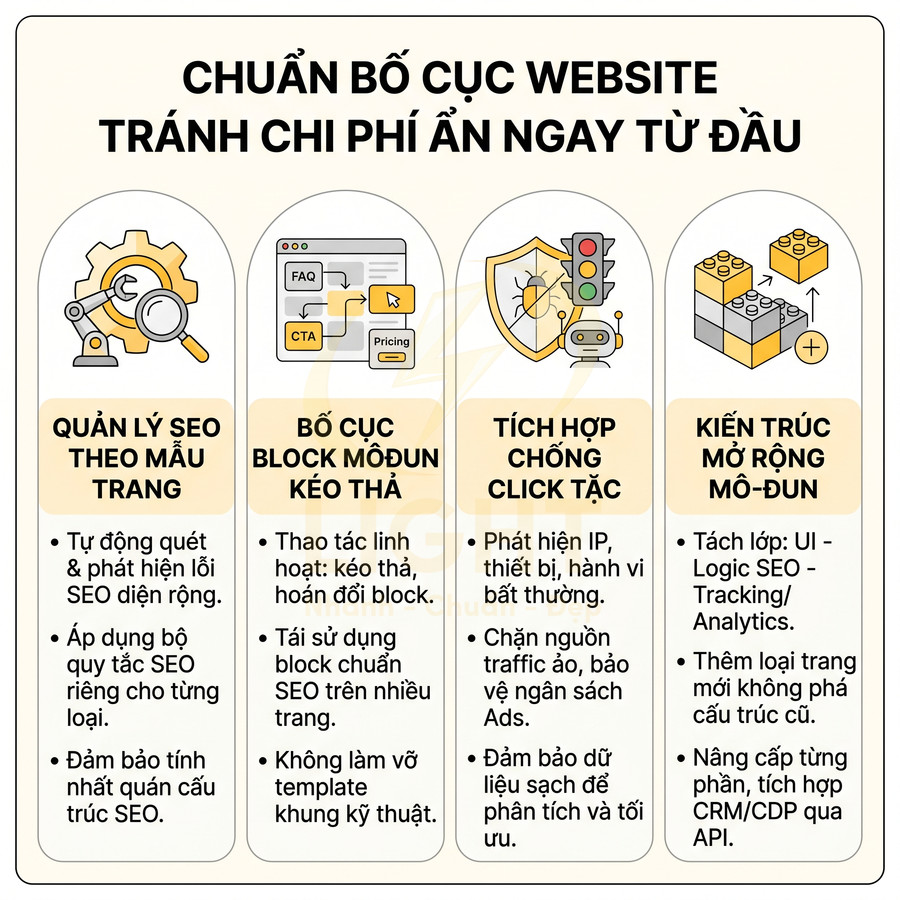 Infographic bố cục website chuẩn SEO với quản lý SEO, block kéo thả, chống click tặc và kiến trúc mô đun mở rộng