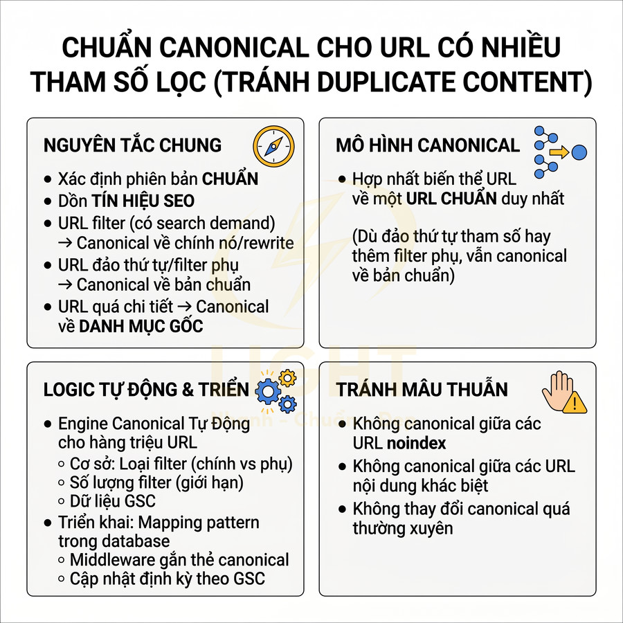 Hướng dẫn chuẩn canonical cho URL có nhiều tham số lọc để tránh duplicate content trong SEO