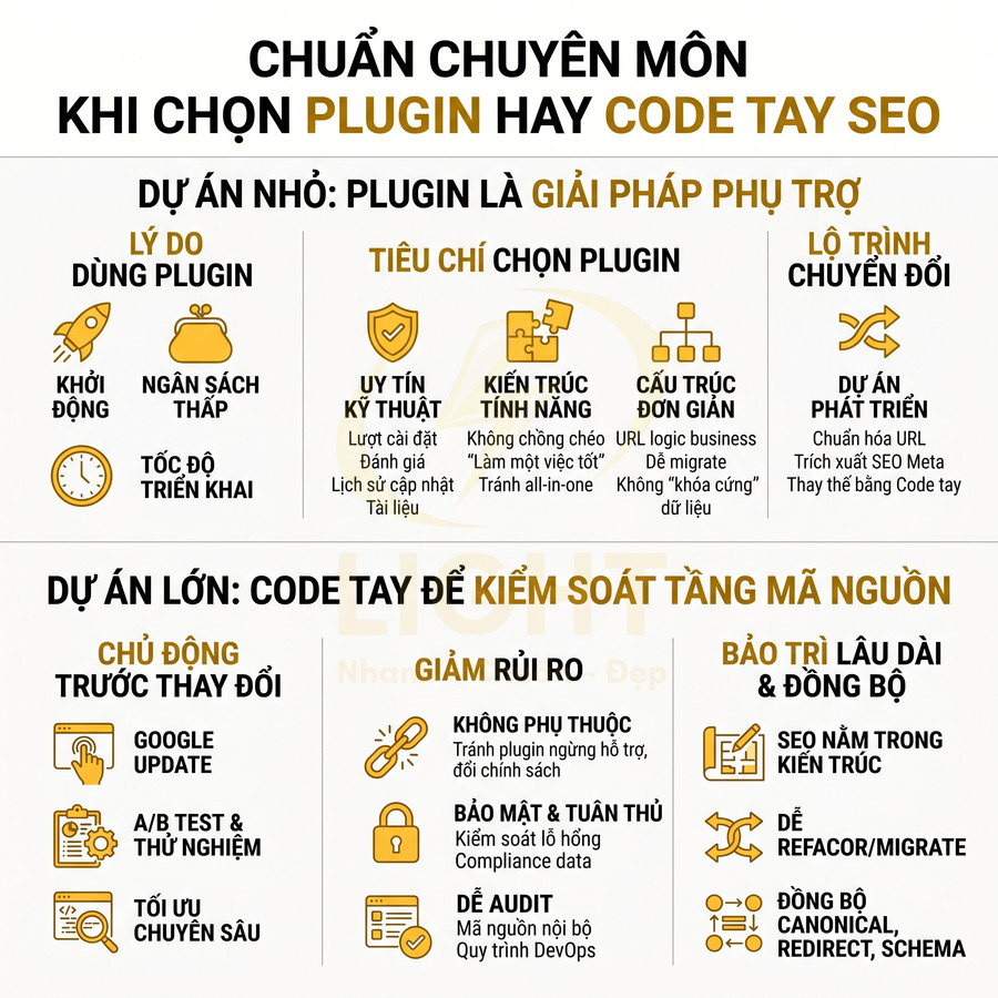 Infographic so sánh chuẩn chuyên môn khi chọn plugin hay code tay cho dự án SEO nhỏ và lớn