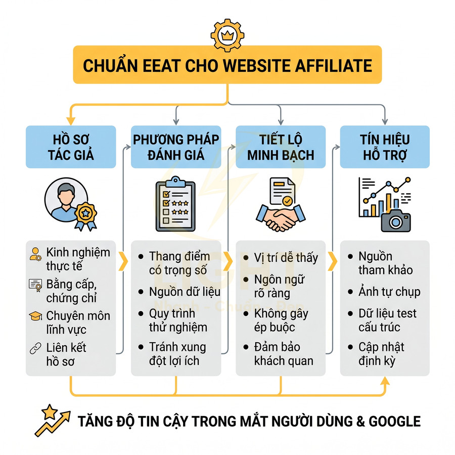 Chuẩn EEAT cho website affiliate với bốn nhóm tiêu chí và cách tăng độ tin cậy trong mắt người dùng và Google