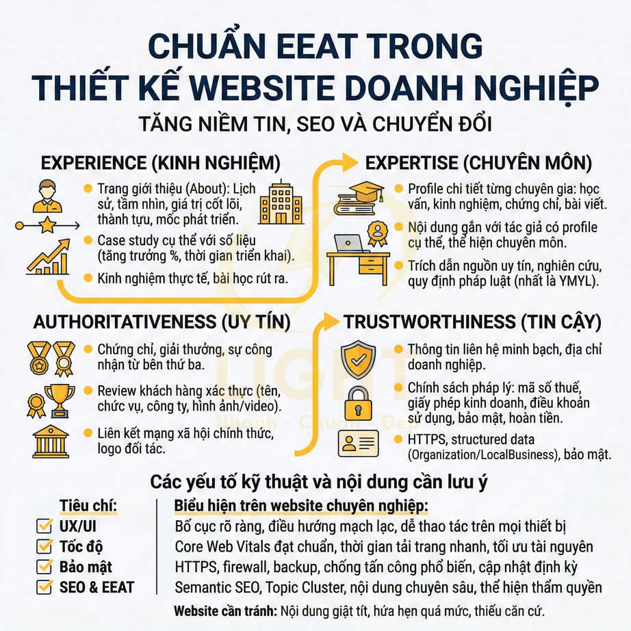 Infographic chuẩn EEAT trong thiết kế website doanh nghiệp, giải thích Experience, Expertise, Authoritativeness, Trustworthiness