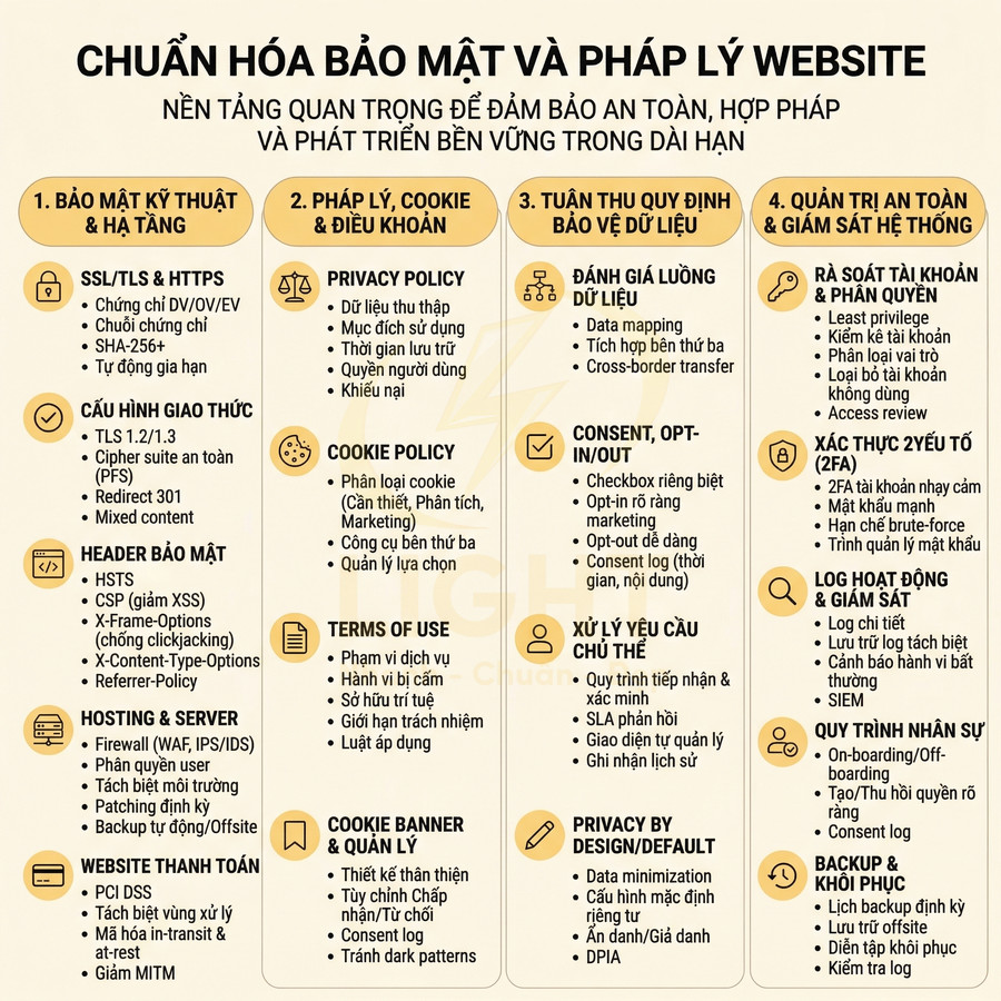 Checklist chuẩn hóa bảo mật và pháp lý website với các mục bảo mật kỹ thuật, pháp lý cookie, tuân thủ dữ liệu và quản trị hệ thống