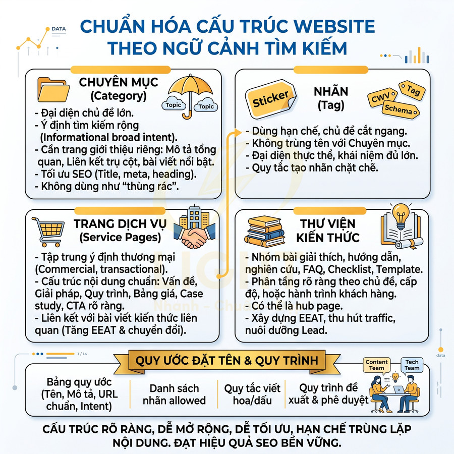 Sơ đồ chuẩn hóa cấu trúc website theo ngữ cảnh tìm kiếm với chuyên mục, trang dịch vụ, nhãn và thư viện kiến thức