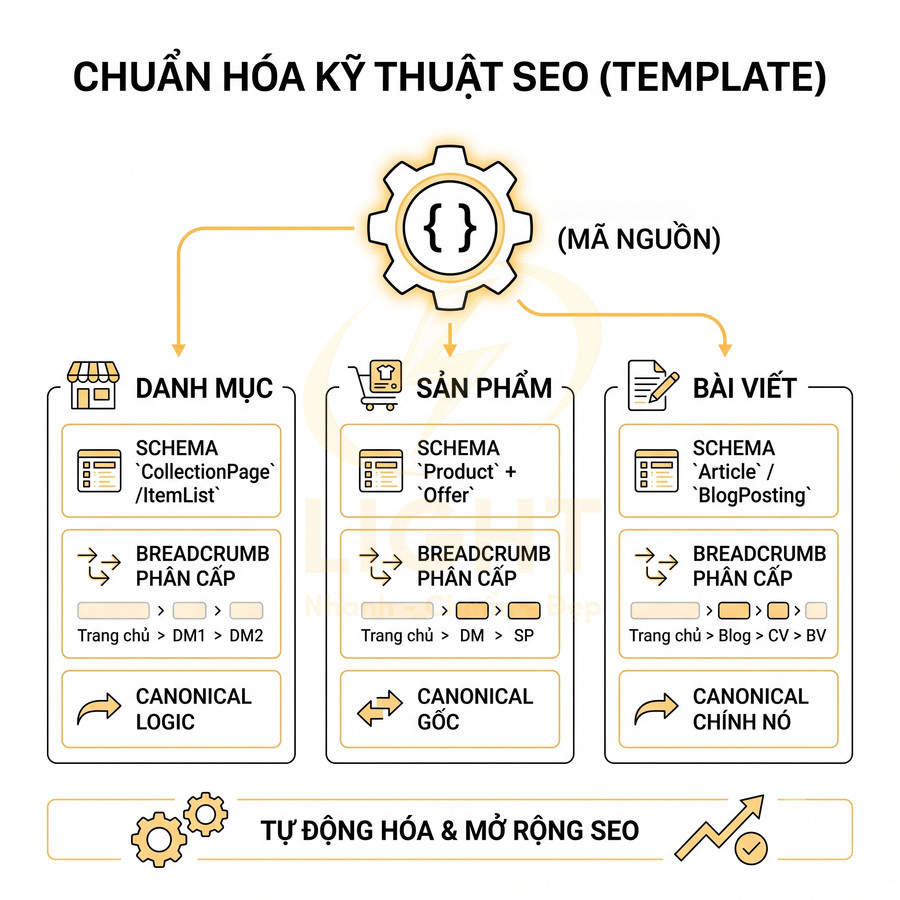Template chuẩn hóa kỹ thuật SEO cho danh mục sản phẩm và bài viết với schema, breadcrumb và canonical