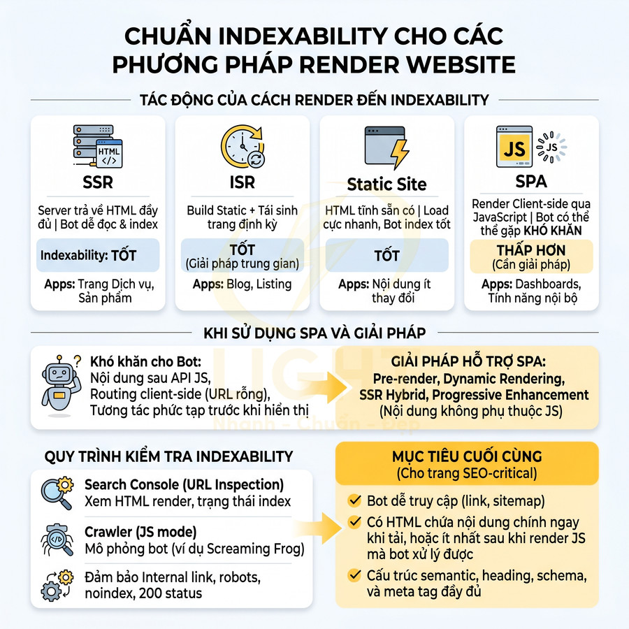 Infographic hướng dẫn chuẩn indexability cho các phương pháp render website SSR, ISR, Static Site và SPA