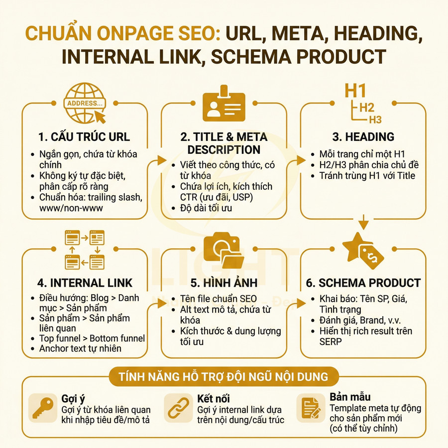 Checklist chuẩn onpage SEO với hướng dẫn tối ưu URL, thẻ meta, heading, internal link, hình ảnh và schema product