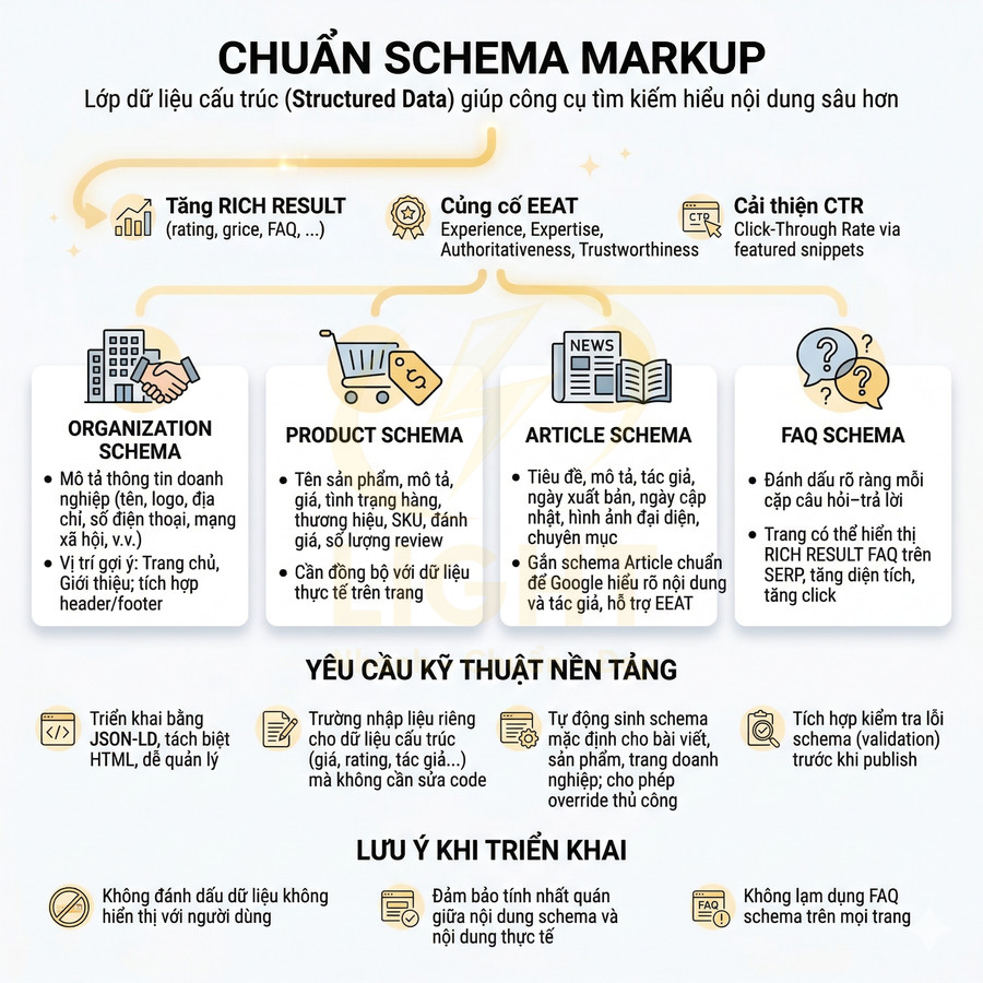 Infographic giới thiệu chuẩn schema markup cho SEO với các loại Organization, Product, Article và FAQ schema
