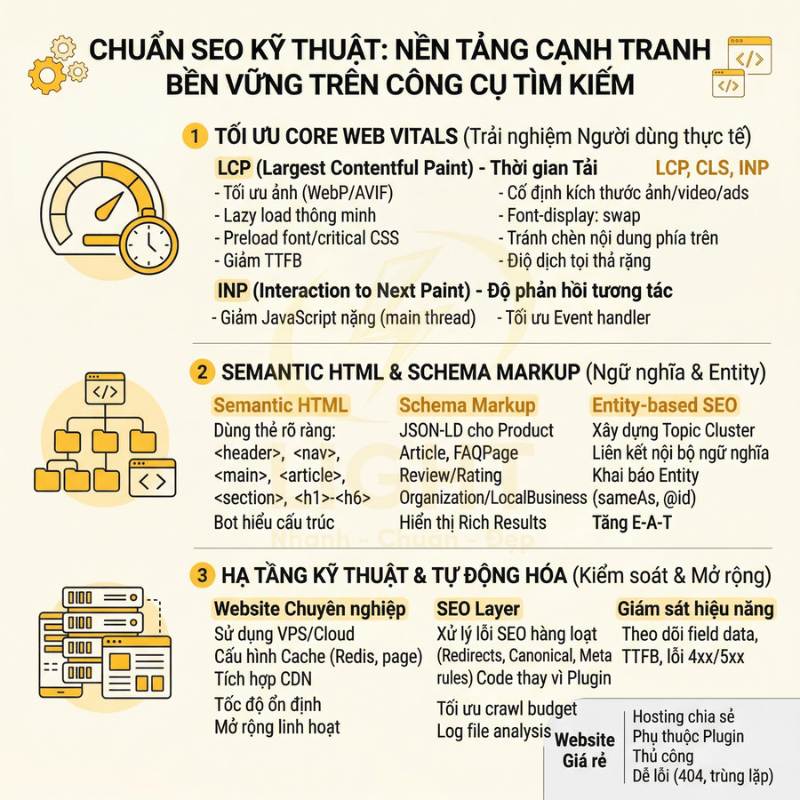 Infographic hướng dẫn chuẩn SEO kỹ thuật với tối ưu Core Web Vitals, Semantic HTML, Schema Markup và hạ tầng website