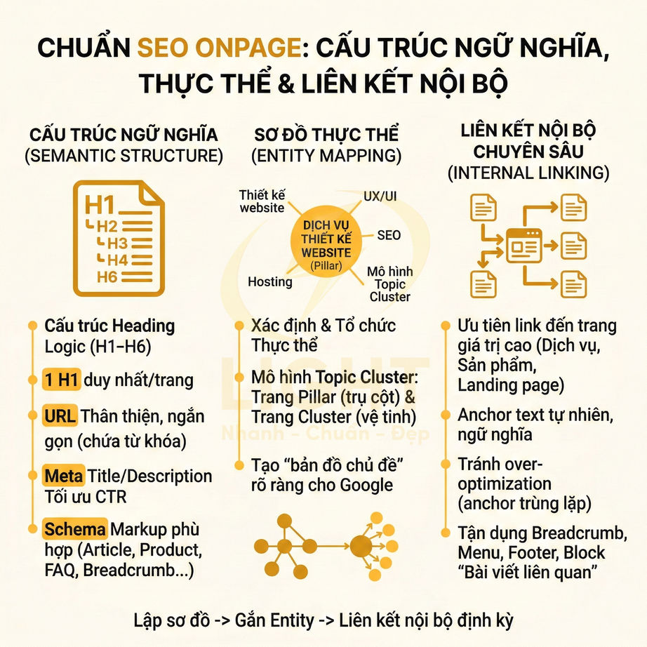 Chuẩn SEO Onpage với cấu trúc ngữ nghĩa, sơ đồ thực thể và liên kết nội bộ cho dịch vụ thiết kế website