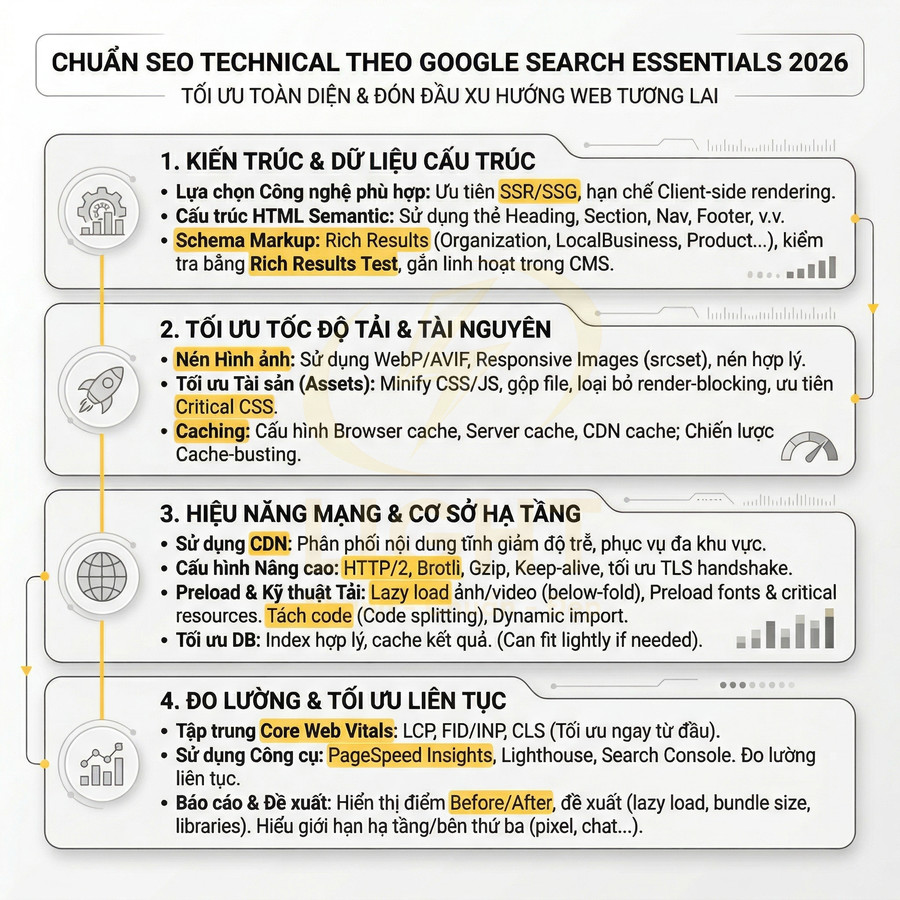 Checklist chuẩn SEO technical 2026 theo Google Search Essentials với 4 nhóm tối ưu website