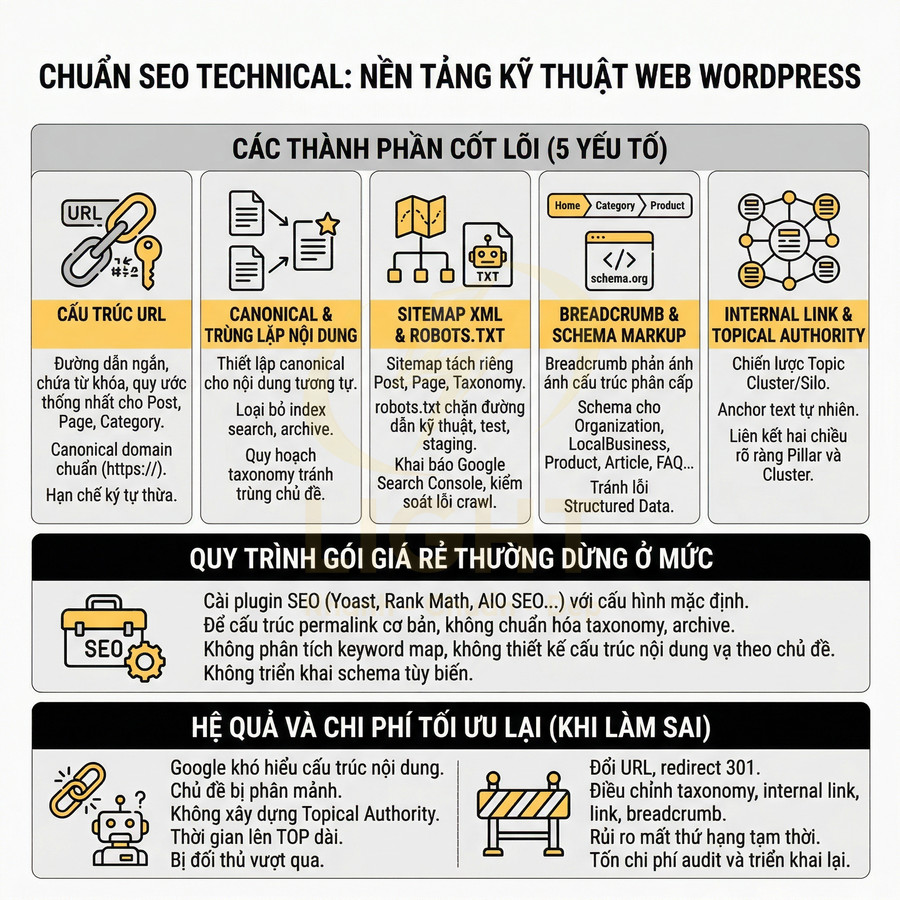 Infographic hướng dẫn chuẩn SEO technical cho website WordPress với 5 yếu tố cốt lõi và quy trình tối ưu chi tiết