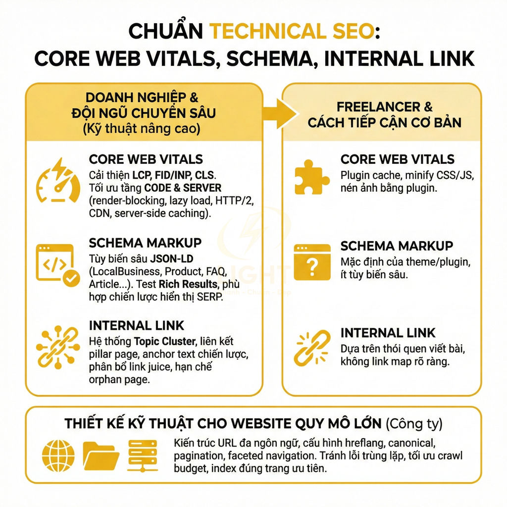 Infographic so sánh technical SEO cho doanh nghiệp và freelancer về core web vitals, schema, internal link