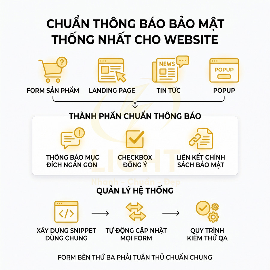 Mô tả chuẩn thông báo bảo mật thống nhất cho website với form sản phẩm, landing page, tin tức và popup