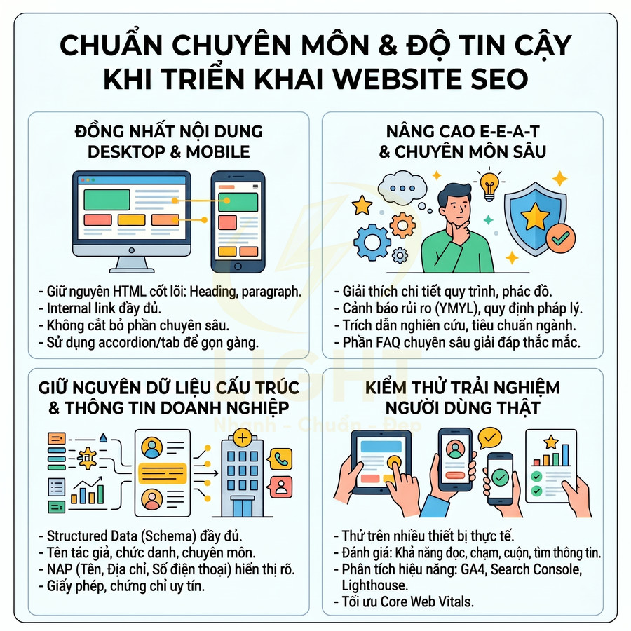 Infographic hướng dẫn chuẩn chuyên môn và độ tin cậy khi triển khai website SEO trên desktop và mobile
