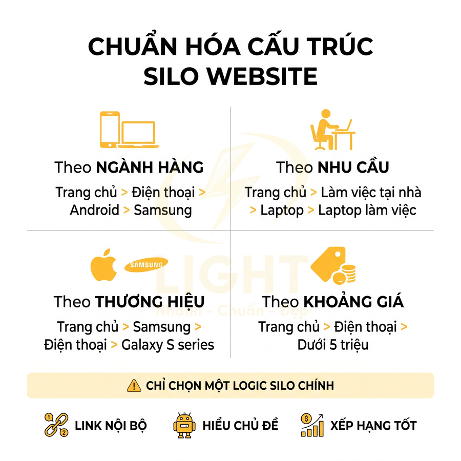 Infographic chuẩn hóa cấu trúc silo website theo ngành hàng nhu cầu thương hiệu và khoảng giá cho SEO