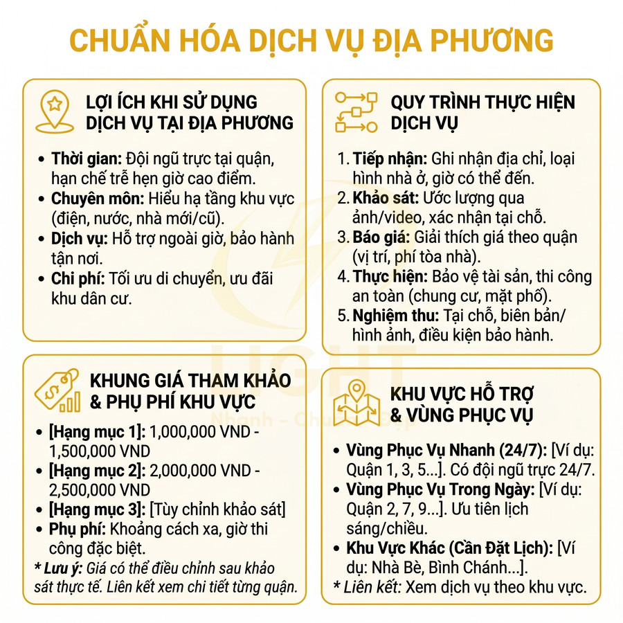 Infographic chuẩn hóa dịch vụ địa phương với lợi ích, quy trình, khung giá tham khảo và khu vực hỗ trợ chi tiết