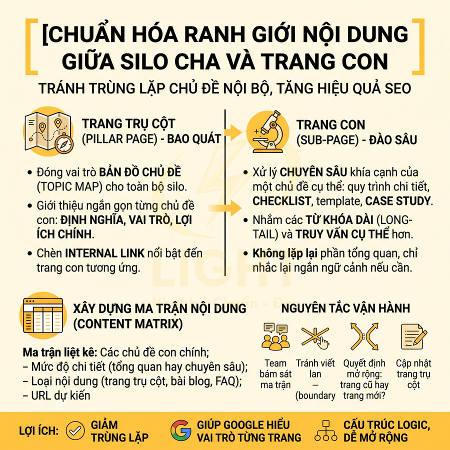 Infographic chuẩn hóa ranh giới nội dung giữa silo cha và trang con để tránh trùng lặp và tăng hiệu quả SEO