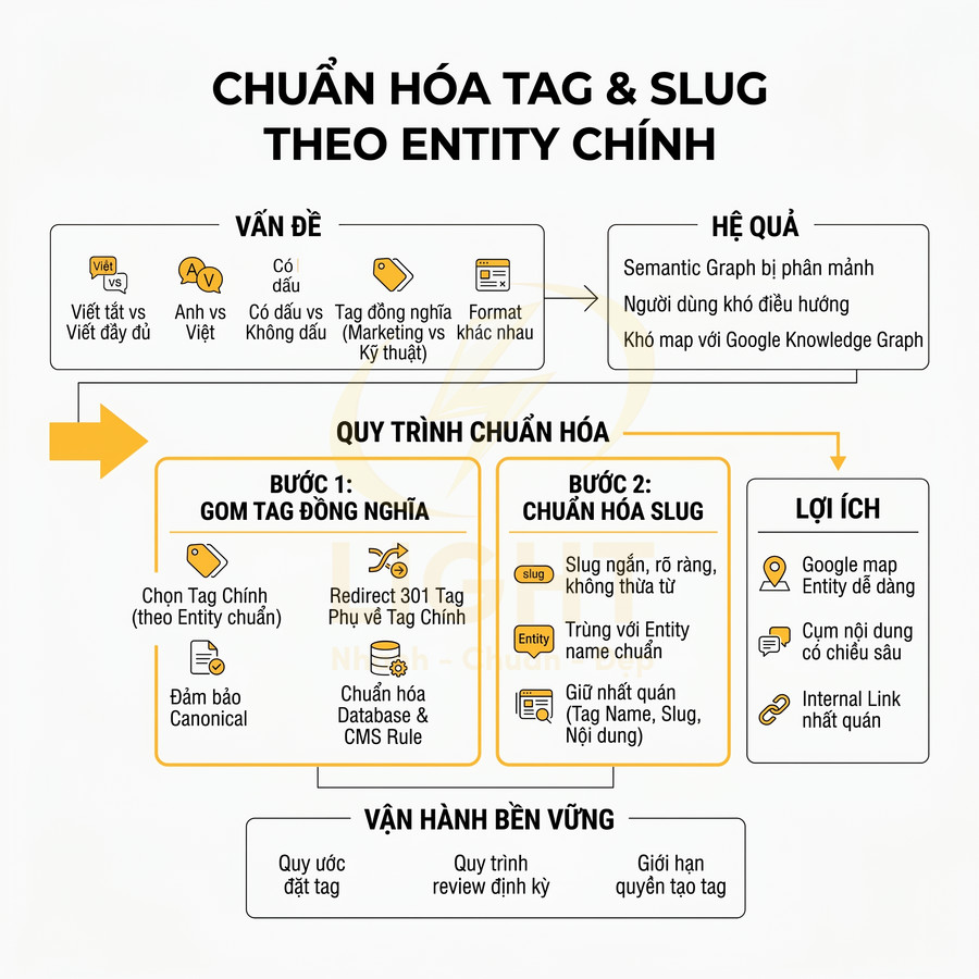 Infographic quy trình chuẩn hóa tag và slug theo entity chính trong SEO, nêu vấn đề, bước thực hiện và lợi ích