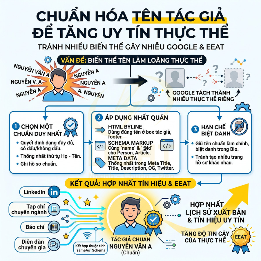 Infographic hướng dẫn chuẩn hóa tên tác giả để tăng uy tín thực thể và tối ưu tín hiệu EEAT trên Google