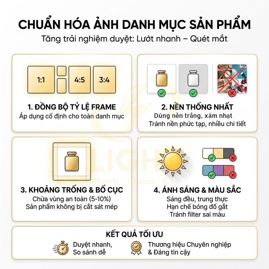 Hướng dẫn chuẩn hóa ảnh danh mục sản phẩm với khung hình, nền, bố cục, ánh sáng và màu sắc đồng bộ