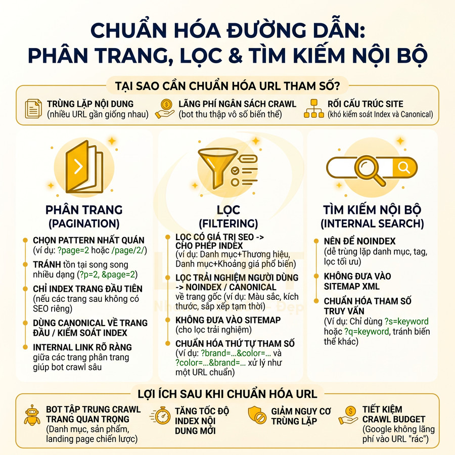 Infographic hướng dẫn chuẩn hóa URL phân trang, lọc sản phẩm và tìm kiếm nội bộ để tối ưu SEO và crawl budget