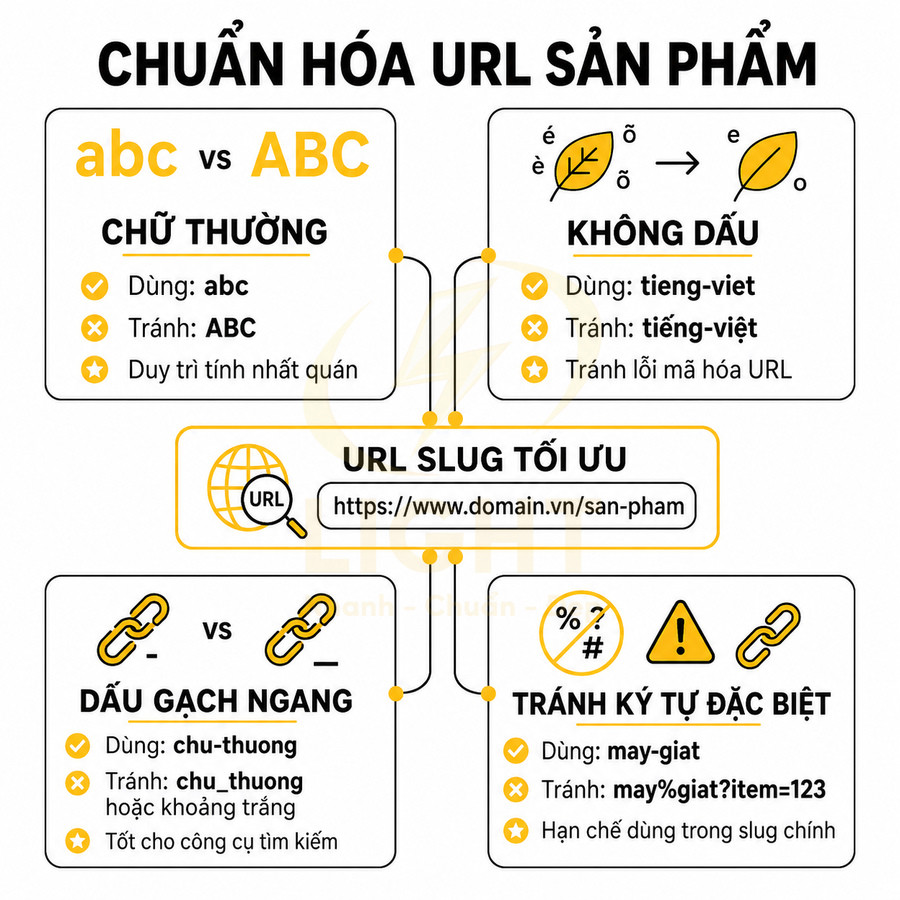 Hướng dẫn chuẩn hóa URL sản phẩm với chữ thường, không dấu, dùng dấu gạch ngang và tránh ký tự đặc biệt
