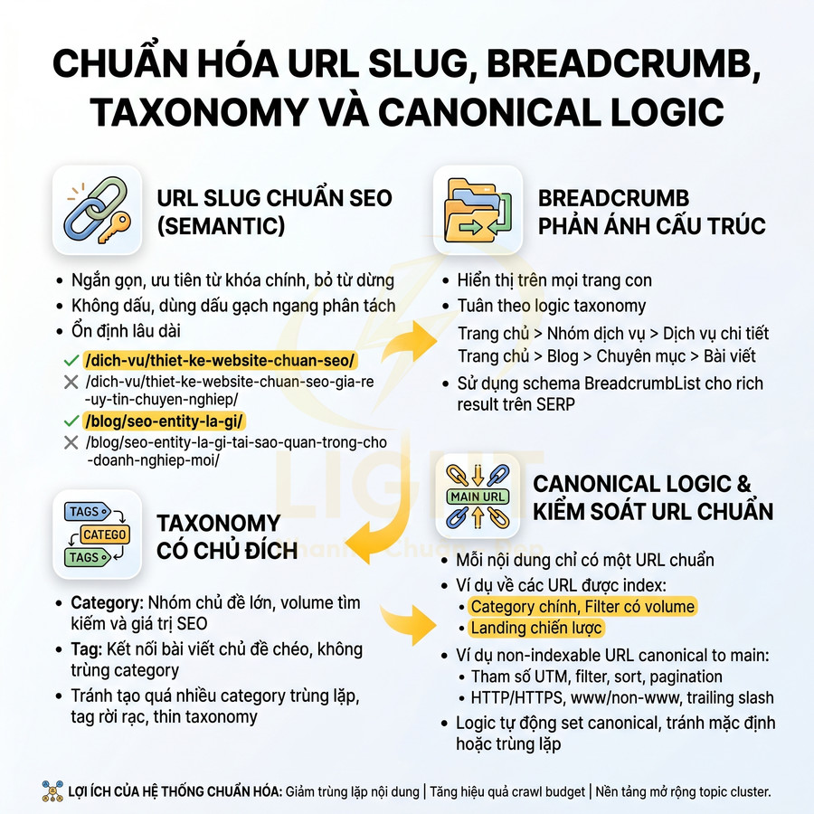 Hướng dẫn chuẩn hóa URL slug breadcrumb taxonomy và canonical logic để tối ưu cấu trúc website SEO