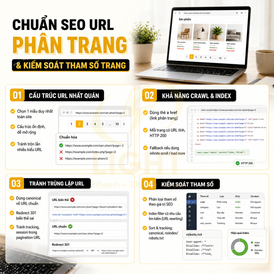 Hướng dẫn chuẩn SEO URL phân trang và kiểm soát tham số trang với ví dụ minh họa trên laptop