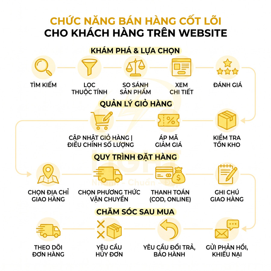 Sơ đồ các chức năng bán hàng cốt lõi trên website từ khám phá sản phẩm đến đặt hàng và chăm sóc sau mua