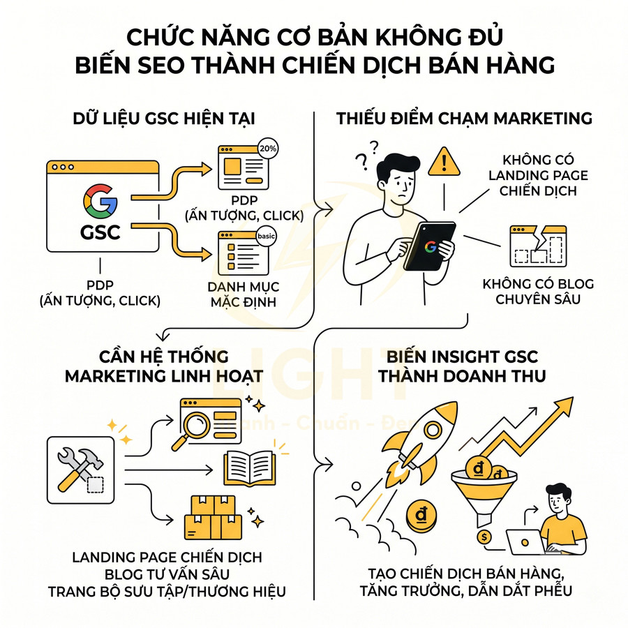Infographic quy trình dùng dữ liệu Google Search Console để tối ưu SEO và tạo chiến dịch bán hàng hiệu quả
