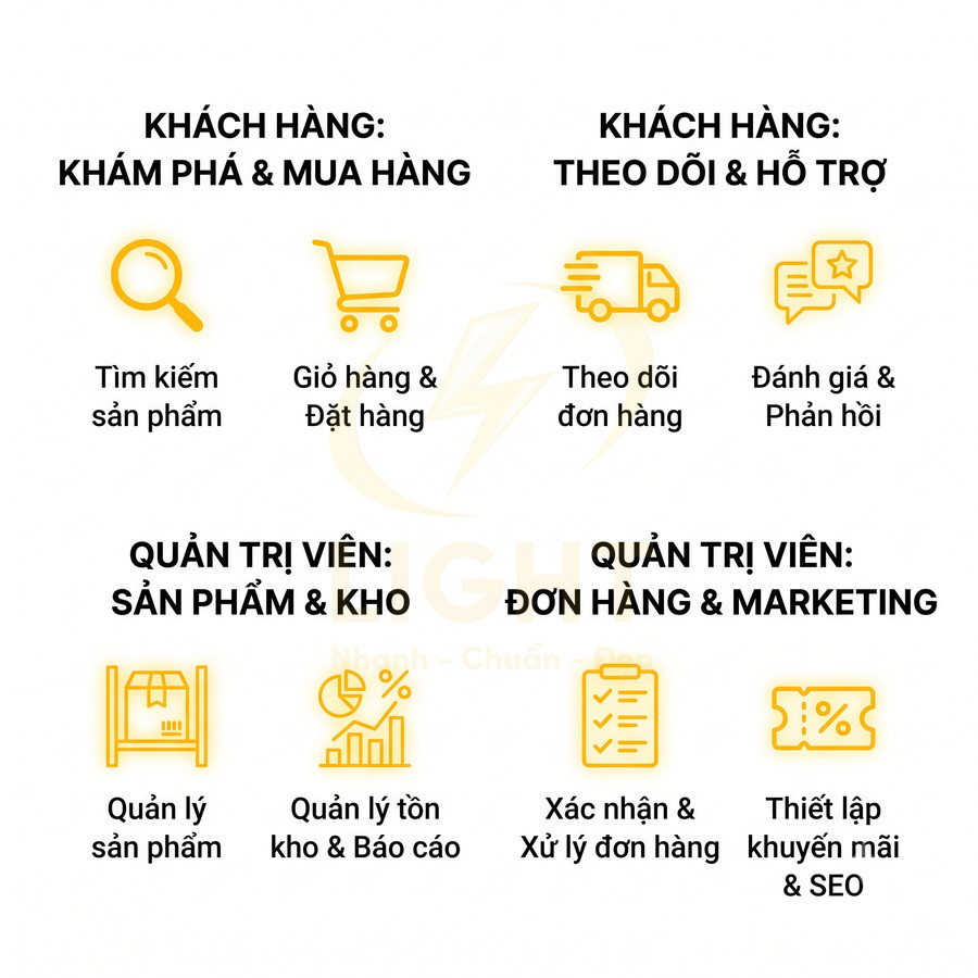 Mô tả quy trình quản lý bán hàng online cho khách hàng và quản trị viên với các bước từ tìm kiếm đến xử lý đơn hàng