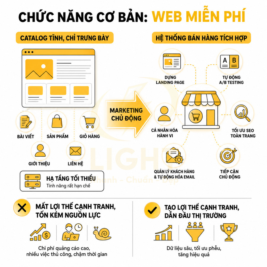 Infographic so sánh web miễn phí và hệ thống bán hàng tích hợp với marketing chủ động, tối ưu SEO và tự động hóa